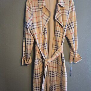 Brand New *NYGÅRD Women’s Plaid Trench Coat Jacket Size Large Tan Belted